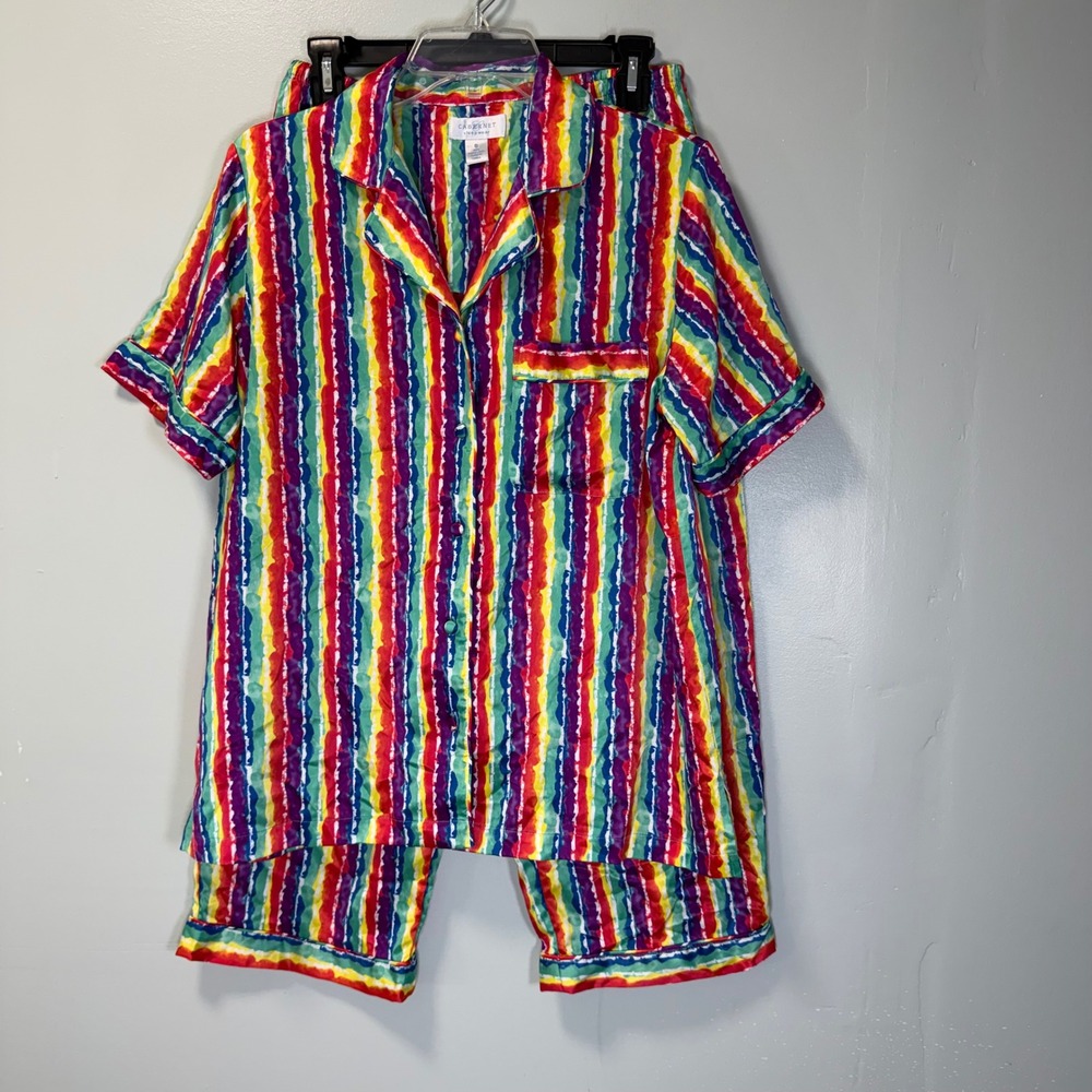 Cabernet Sleepwear Womens Rainbow Stripe Satin Pajama Set S Short Sleeve Cropped